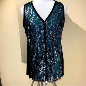 Simply Vera-Vera Wang Black and Teal Lace Sleeveless Tunic with Sequins. Size L.